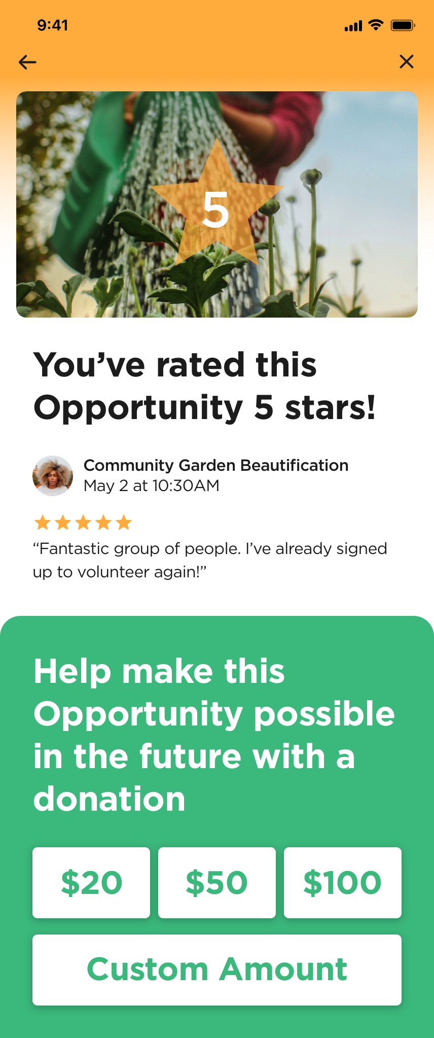 Screenshot of mobile app - Donation buttons on rating sent page